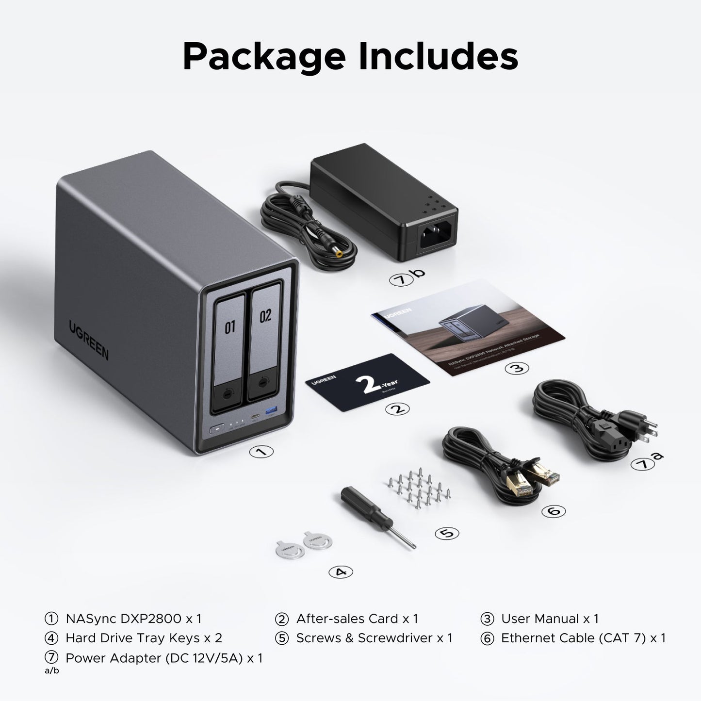 UGREEN NAS storage 2 bay include Main unit, 2x SSD silicone pads, 2x CAT7 Ethernet cables, power adapter (12V/5A), drive tray keys, screws with tool, after-sales card, and user manual.